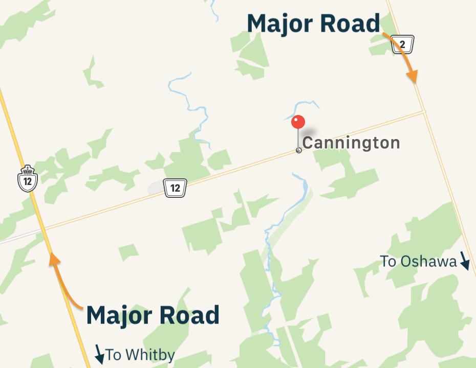 Map showing Cannington is between 12 and Simcoe St, north of Oshawa and Whitby